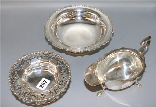 Silver sauceboat, bonbon dish and bowl